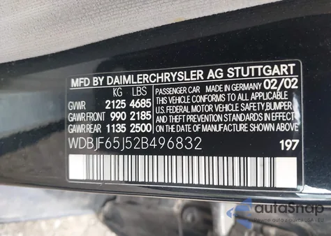 2002 Mercedes-Benz E 320 Special Edition из США, поврежденный, VIN WDBJF65J52B496832